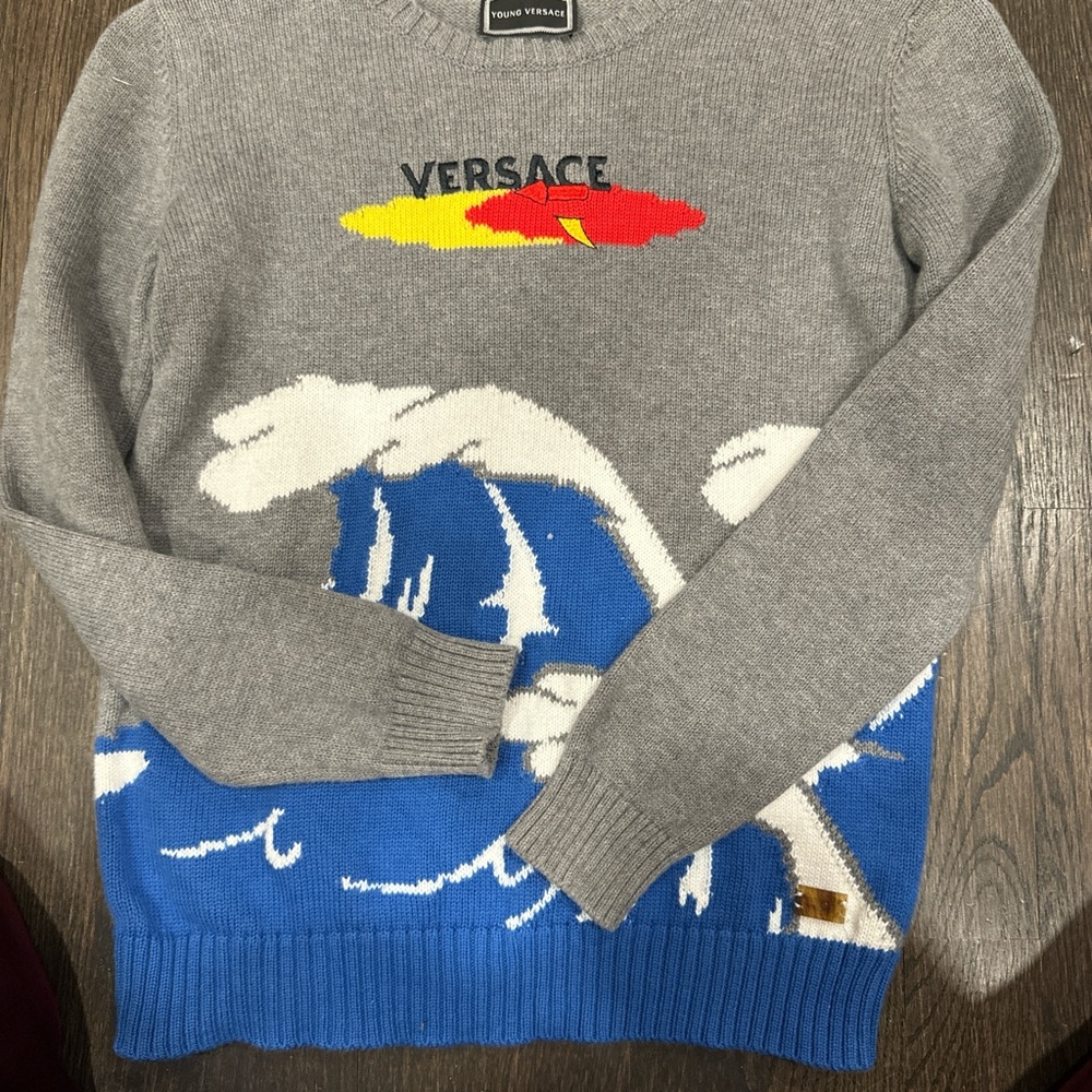 Versace Gray and Blue Crewneck Sweater with Graphic Design